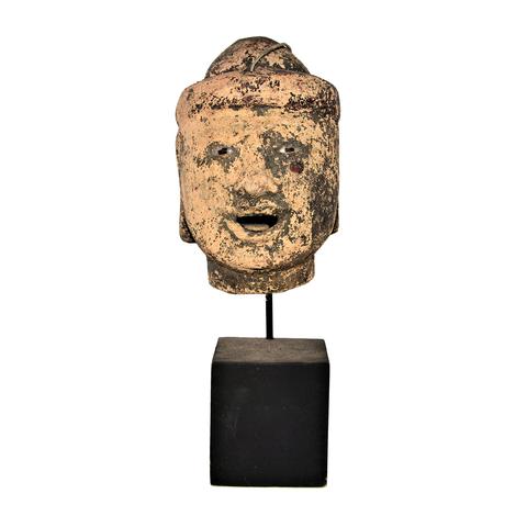 Antique Burmese Puppet Head on Stand (Large Man with Bowl Hat)
