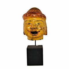 Antique Burmese Puppet Head on Stand (Large Man with Red Bowl Hat)