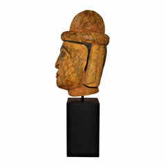 Antique Burmese Puppet Head on Stand (Extra Large Man with Bowl Hat)