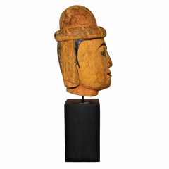 Antique Burmese Puppet Head on Stand (Extra Large Man with Bowl Hat)