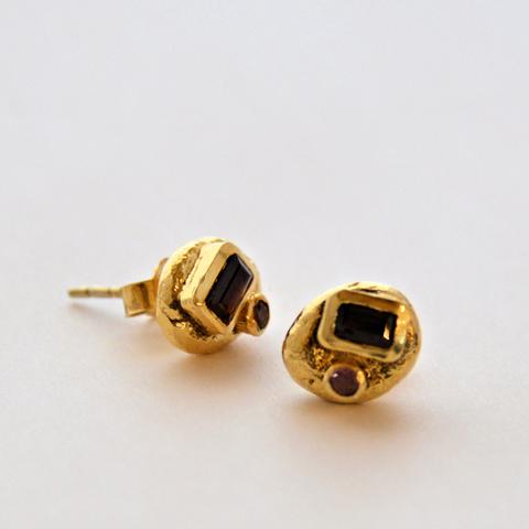 Gold Plate Stud Earrings with Emerald Cut Gemstones