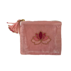 Velvet Mini Hand Pouch - Rose with Rose Lotus