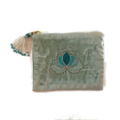 Velvet Mini Hand Pouch - Mint with Mint Lotus