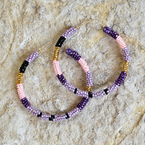 Hand-Beaded Hoop Earrings - Multi-Mauve