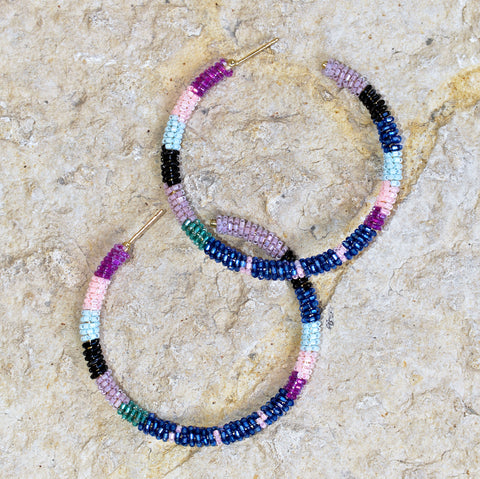 Hand-Beaded Hoop Earrings - Multi-Blue/Raspberry