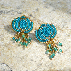 Hand-Beaded Lotus Earrings - Teal