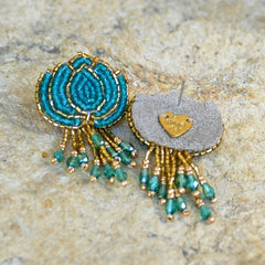 Hand-Beaded Lotus Earrings - Teal
