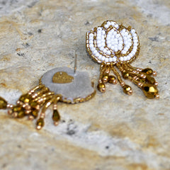 Hand-Beaded Lotus Earrings - White