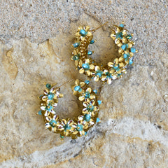 Hand-Beaded Hoop Flower Earrings - Small Blue and Gold