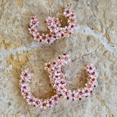 Hand-Beaded Hoop Flower Earrings - Large Coral