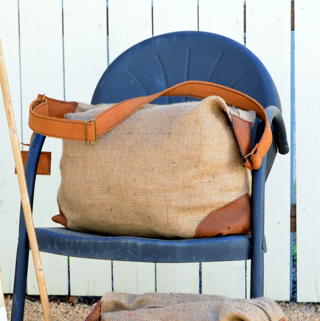 Burlap and Leather Duffel & Tote Bags
